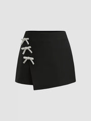 Mid Rise Wrap Solid Bowknot  Mini Skirt