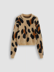 Knitted Round Neckline Leopard Crop Sweater
