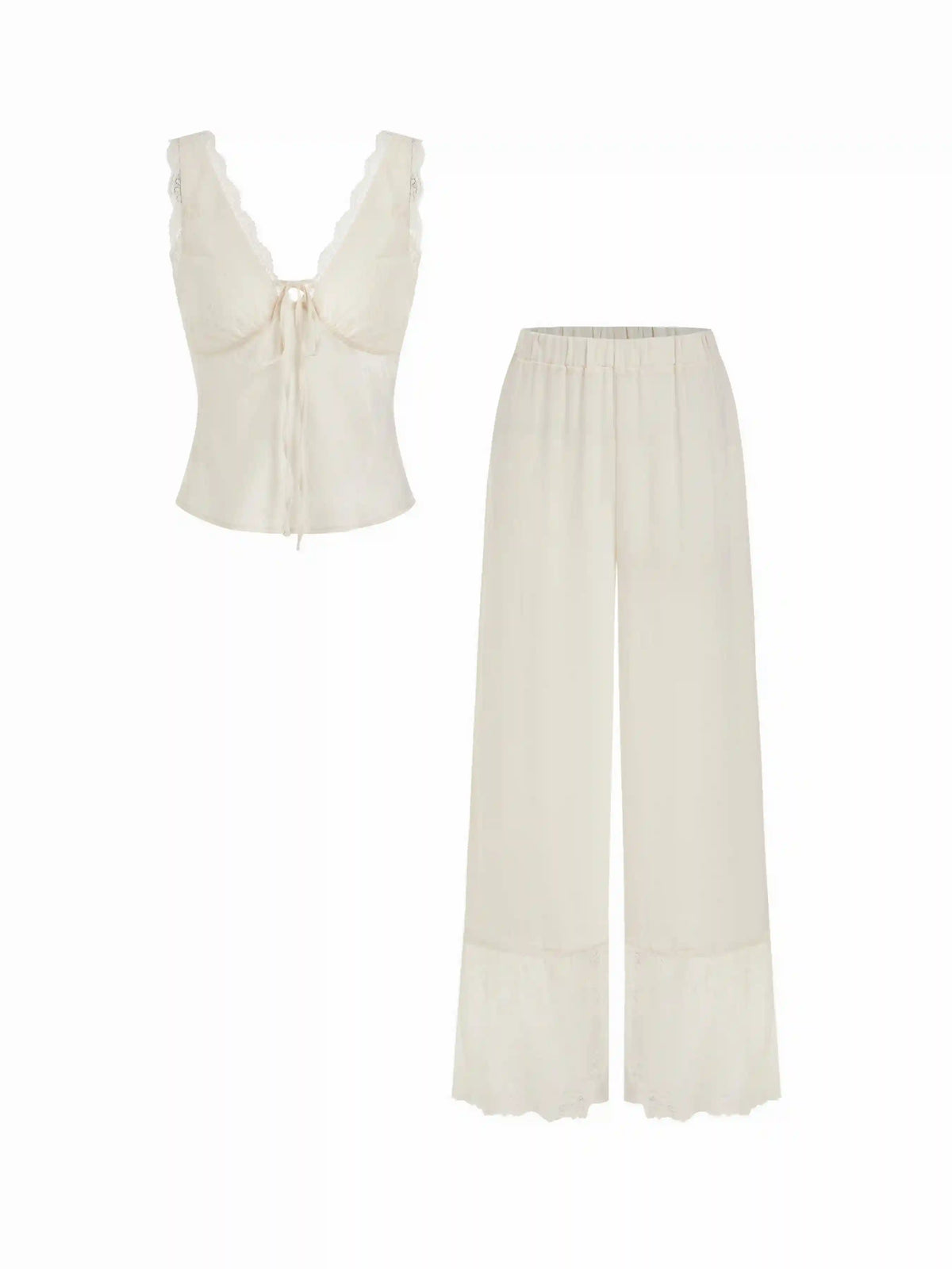 Lace Trim V-neck Top & High Rise Wide Leg Trousers Loungewear Set