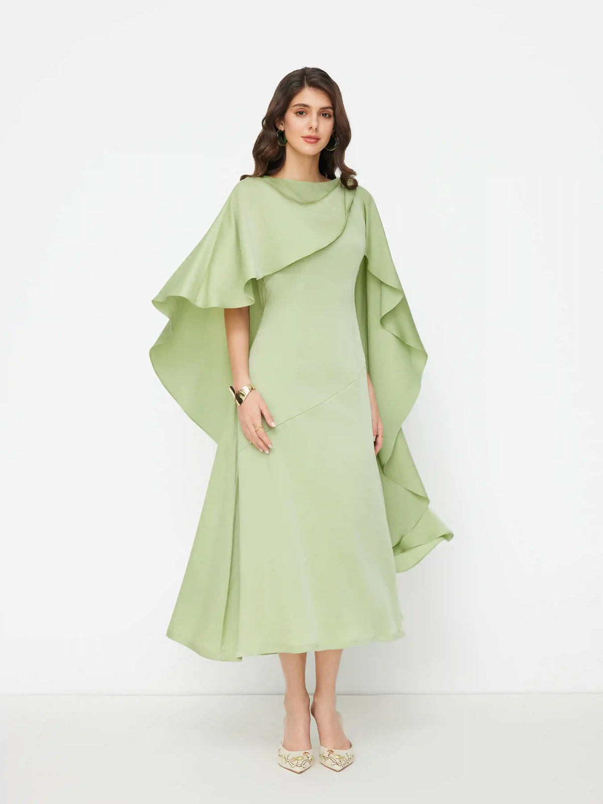 Satin Boat Neck Metal Detail Ruffle Maxi Dress