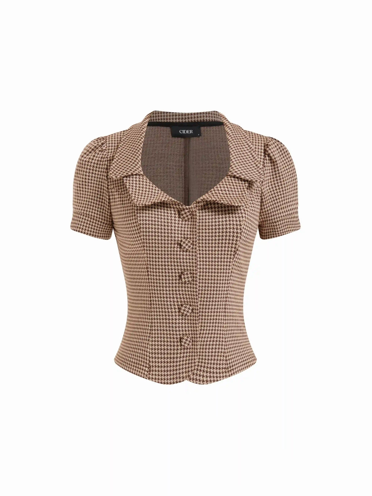 Jacquard Houndstooth Button Short Sleeve Blouse