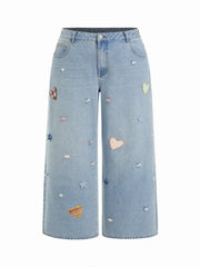 Cider Denim Mid Rise Heart & Star Appliques Floral Baggy Jeans Curve & Plus