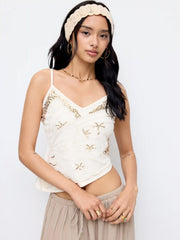 V-neck Embroidered Starfish Graphic Crop Cami Top