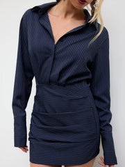 Collar Stripes Cinched Waist Mini Shirt Dress