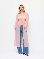 Chiffon V-neck Puff Sleeve Lace Panel Long Sleeve Blouse