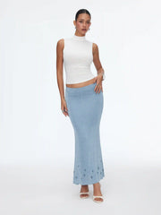 Textured Mid Rise Star Graphic Ruched Mermaid Maxi Skirt