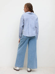 Cotton-blend Collar Striped Knotted Roll-up Long Sleeve Shirt