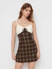 V-neck Plaid Patched Bowknot Cami Mini Dress