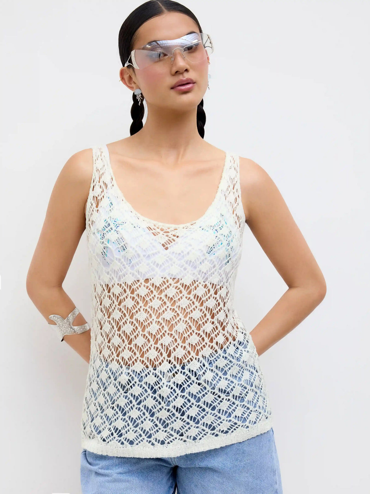 Knit U-neckline Hollow Out See-through Oversized Tank Top