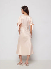 Satin V-neck Lace Trim Bowknot Lantern Sleeve Mermaid Maxi Dress