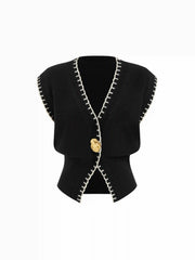 Knit Collarless Contrasting Binding Metal Detail Vest