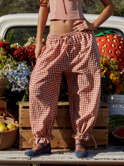 Cotton-blend Gingham Adjustable Drawstring Hem Balloon Pants