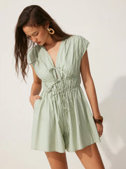 Cotton-blend V-neck Shirred Waist Mid Rise Romper