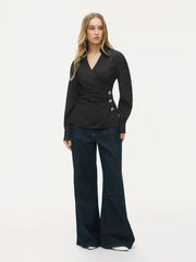 V-neck Striped Metal Button Wrap Blouse