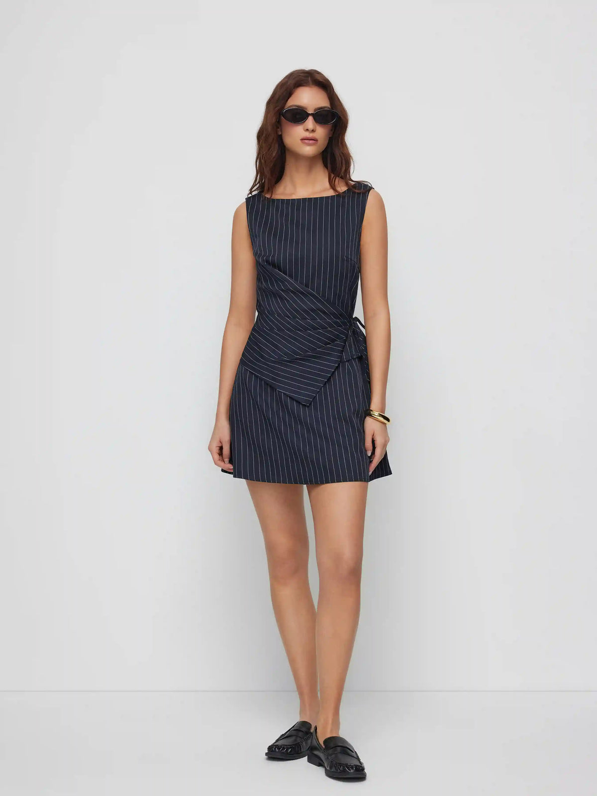 Stripe Boat Neck Asymmetrical Ruched A-line Mini Shift Dress