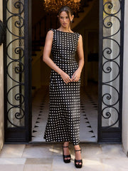 Mesh Polka Dot Cowl Neck Backless Mermaid Maxi Dress