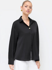 Satin Collar Long Sleeve Metal Button Oversized Shirt