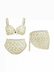 Sweetheart Floral Eyelet Embroidery Lettuce Trim Triangle Bikini Set With Sarong Curve & Plus