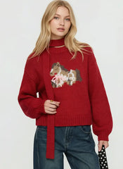 Knit Horse Jacquard Long Sleeve Bowknot Oversized Sweater