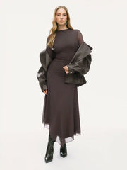 Mesh Stand Collar Ruched Lettuce Trim Maxi Dress