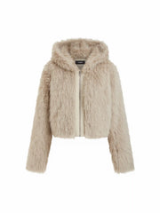 Faux Fur Hooded Zip Through Long Sleeve Jacket