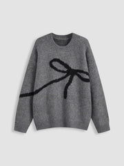 Knit Round Neckline Bowknot Oversized Sweater