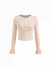 Cotton-blend Floral Button Crop Top & Mid Rise Lettuce Trim Layered Shorts Loungewear Set