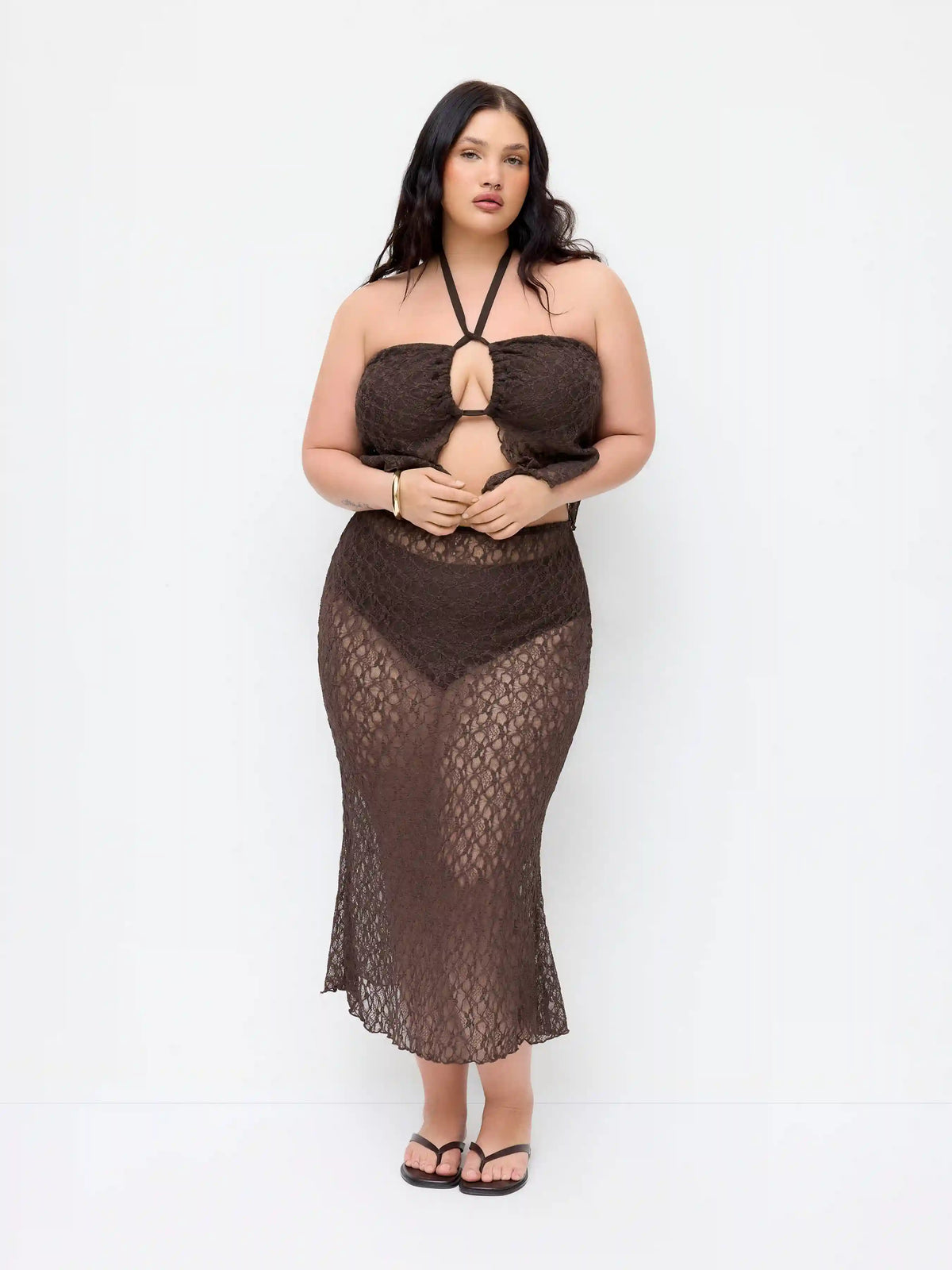 Lace Halter Neck Tankini & Full Coverage Bikini Bottoms With Sheer Skirt Three-piece Bikini Set Curve & Plus