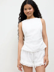 Cotton-blend Boat Neck Broderie Anglaise Tie Back Knotted Top