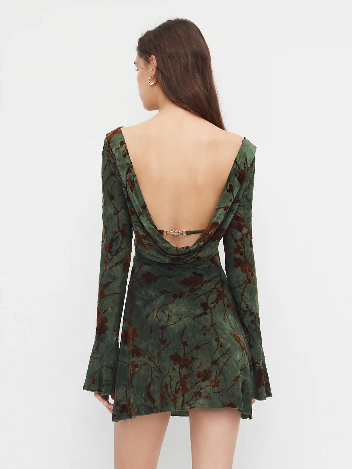 Boat Neck Floral Ruched Backless Metal Detail Lettuce Trim Mini Dress