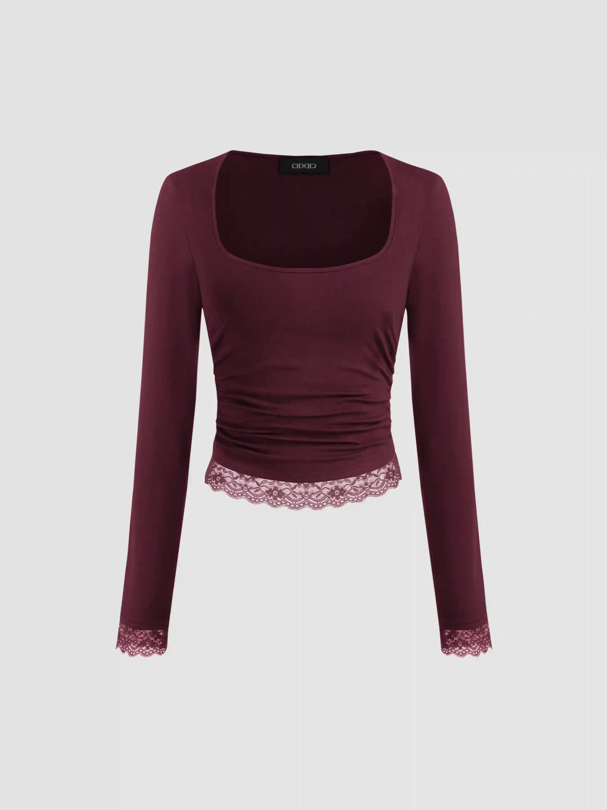 Square Neck Solid Lace Trim Ruched Long Sleeve Tee