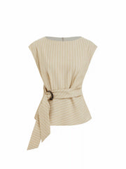 Linen-blend Boat Neck Striped Tie-waist Cami Blouse