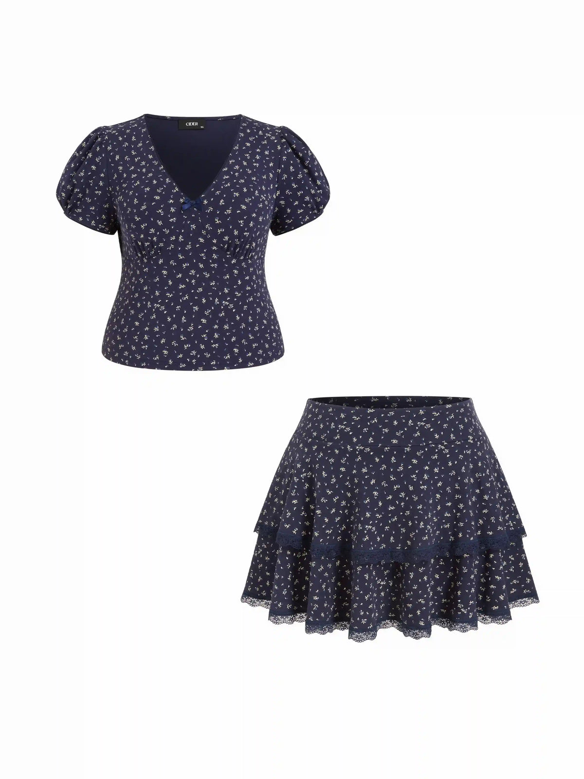 Cotton-blend Floral V-Neck Top & Mid Rise Tiered Mini Skirt Set Curve & Plus
