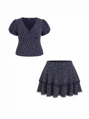 Cotton-blend Floral V-Neck Top & Mid Rise Tiered Mini Skirt Set Curve & Plus
