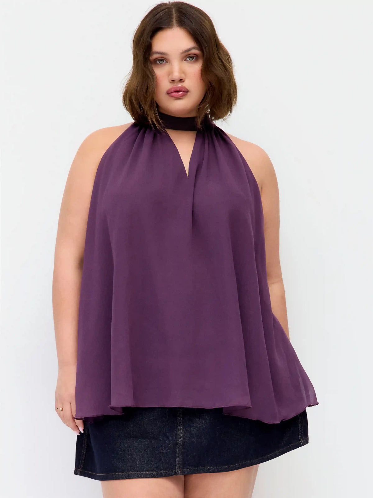 Stand Collar Tie-Neck Cut Out Blouse Curve & Plus