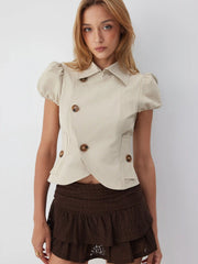 Notched Collar Puff Sleeve Asymmetrical Button Blouse
