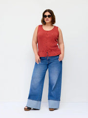 Knit Cotton-blend Pointelle Drawstring Peplum Vest Curve & Plus