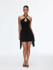 Textured Halter Neckline Cut Out Metal Detail A-line Mini Dress