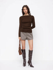 Wool-blend Knit Boat Neck Ruched Long Sleeve Top