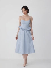 Cotton-blend Gingham Scoop Neck Ruffle Bowknot Flared Maxi Dress