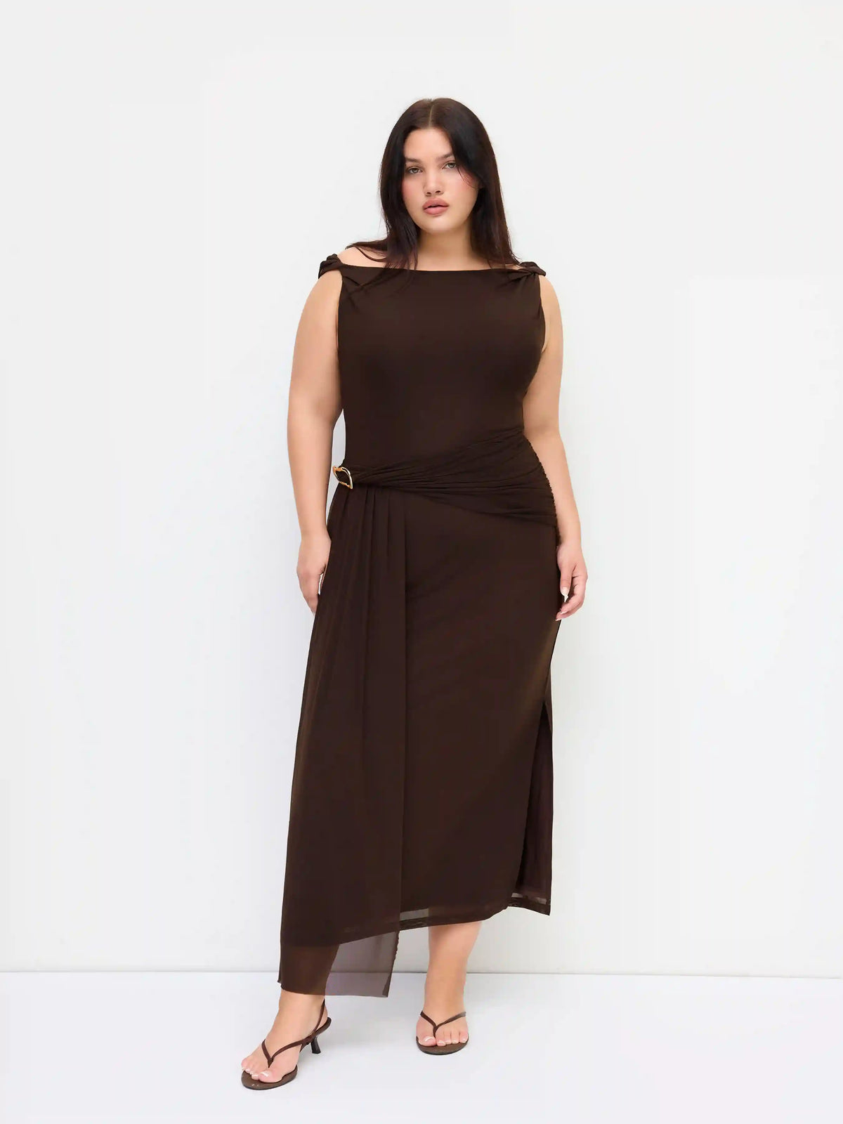 Asymmetrical Neck Ruched Metal Detail Draped Maxi Dress Curve & Plus