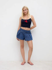 Denim Low Rise Elastic Waist Pleated Mini Skort
