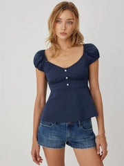 Cotton-blend Scoop Neckline Puff Sleeve Ruched Lace Trim Blouse