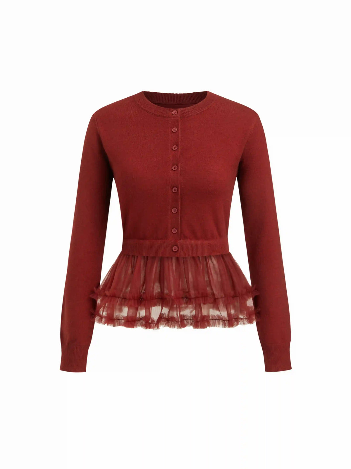 Knit Round Neckline Patched Layered Peplum Hem Long Sleeve Top