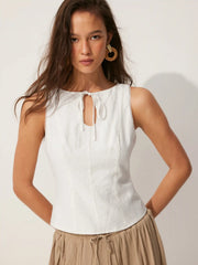 Linen-blend Boat Neck Knotted Sleeveless Blouse