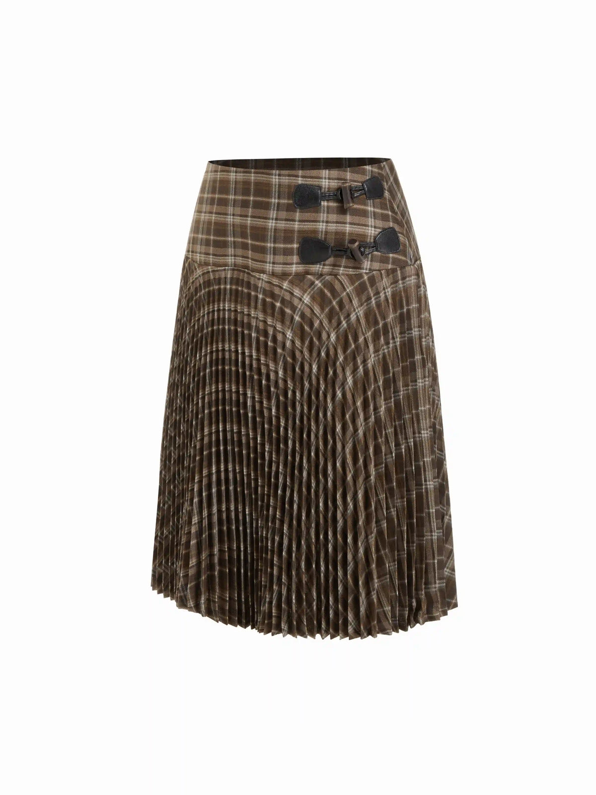 Low Rise Plaid Pleated Toggle Button Midi Skirt