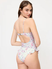 Floral Geometric Sweetheart Ruched Ruffle Hem Cut Out One Piece Swimsuit