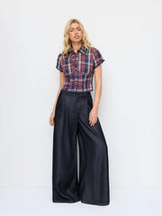 Washed Denim High Rise Draped Wide Leg Jeans
