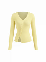 Knit V-neck Long Sleeve Split Asymmetrical Button Top