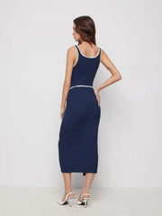 Scoop Neck Colorblock Contrasting Binding Knotted Midi Dress